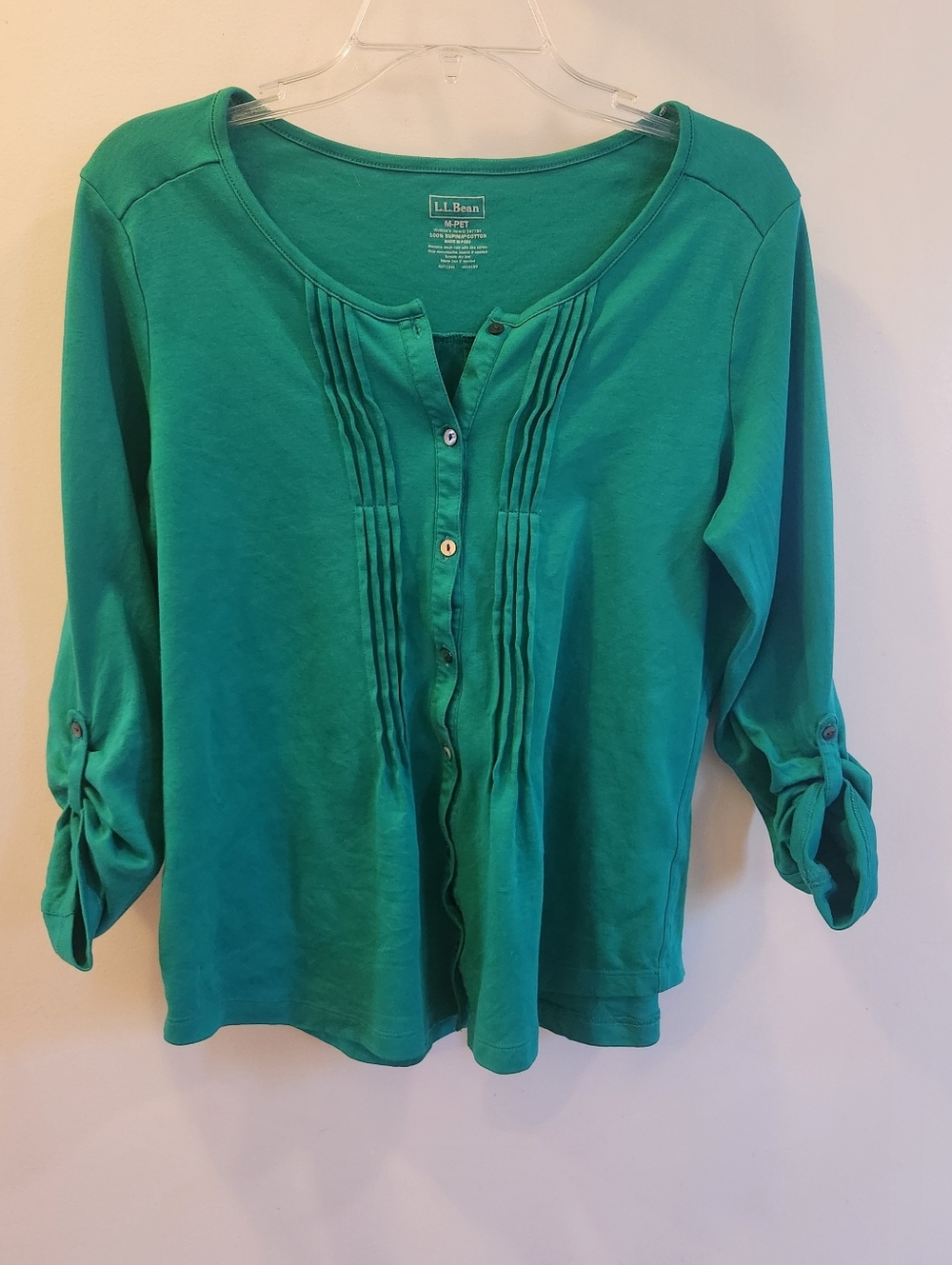 L.L. Bean Women's Green Button-Front Top Roll Tab Sleeves Medium Petite